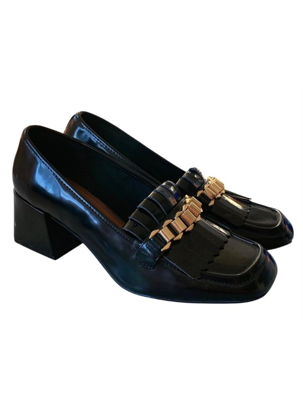 ASOS DESIGN Black Faux Patent Leather Spencer Mid-Heeled Chain Loafers Size 10 - Picture 2 of 9